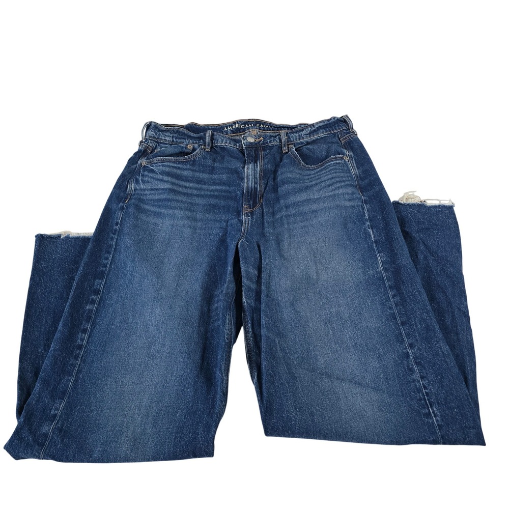 American Eagle Super High-Rise Baggy Wide Leg Jeans Blue Raw Hem Size 16 Regular